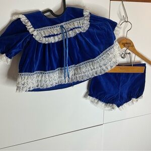 Vintage 80s Royal Blue Velvet Lace Trimmed dress and shorts sz 3-6 months
